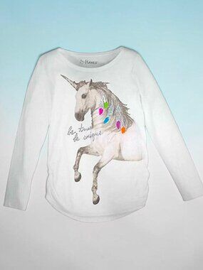 Girls XL Hanes Long-Sleeve White T-Shirt With Unicorn Graphic & Glitter Accents